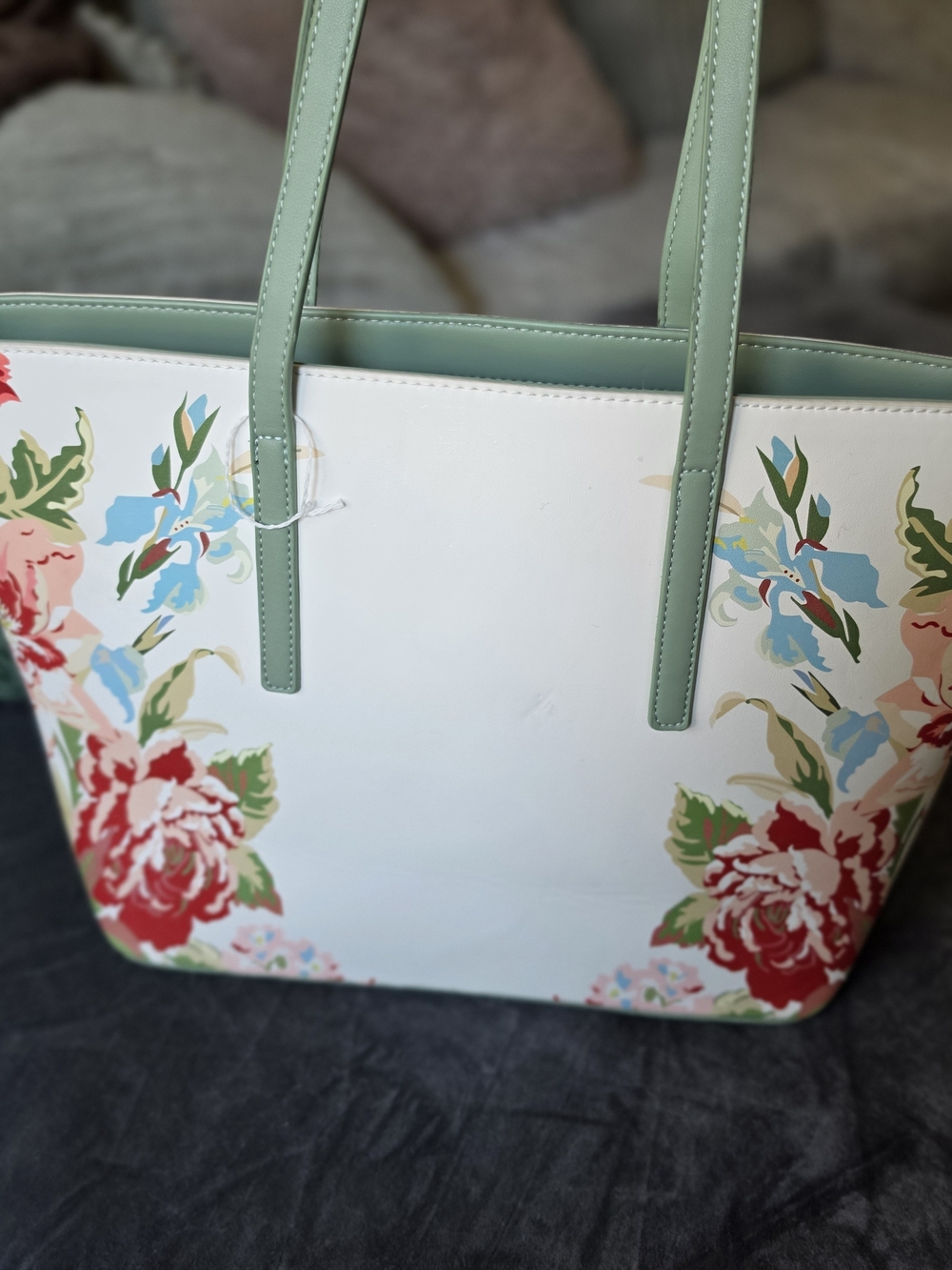 Floral White Tote Bag with Sage Green Handles